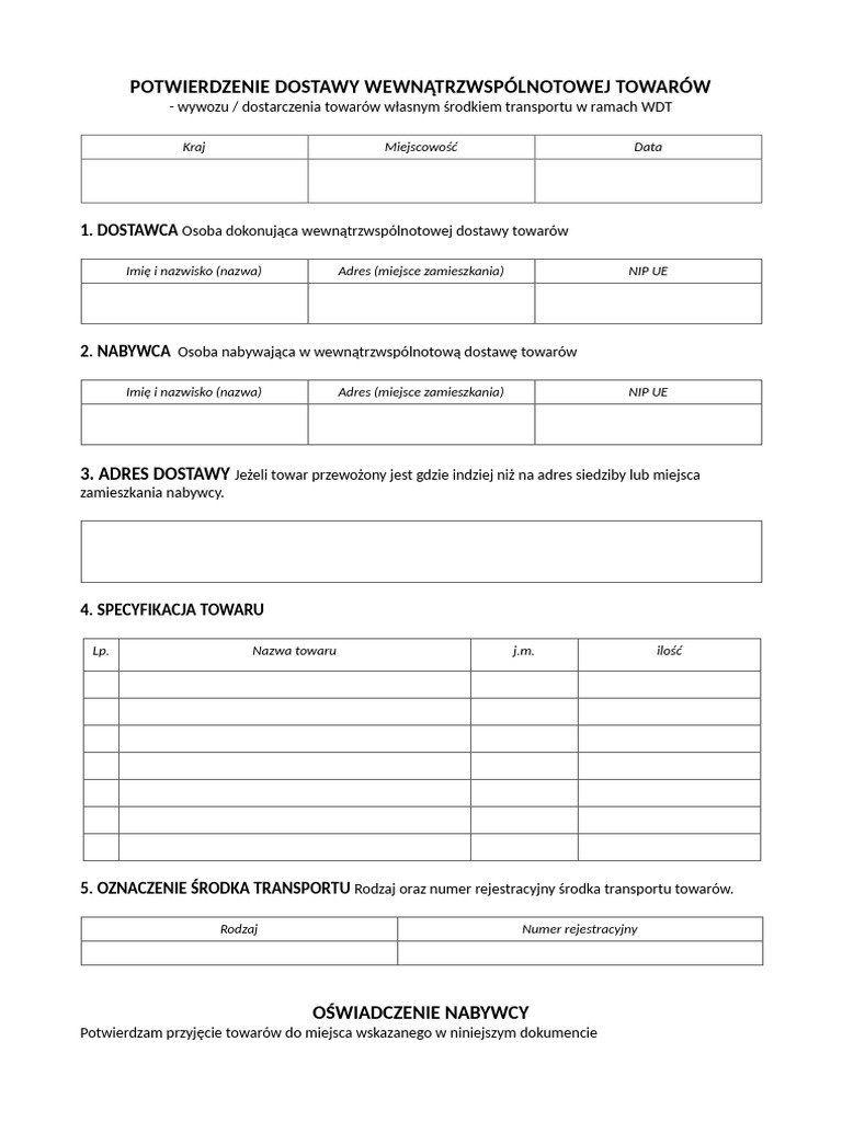 Potwierdzenie Wywozu Wewnątrzwspólnotowego WDT | PDF