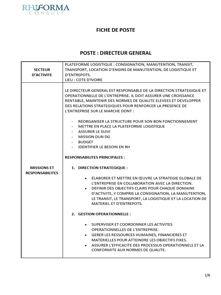 Poste de Directeur Général Logistique | PDF | Logistique | Business
