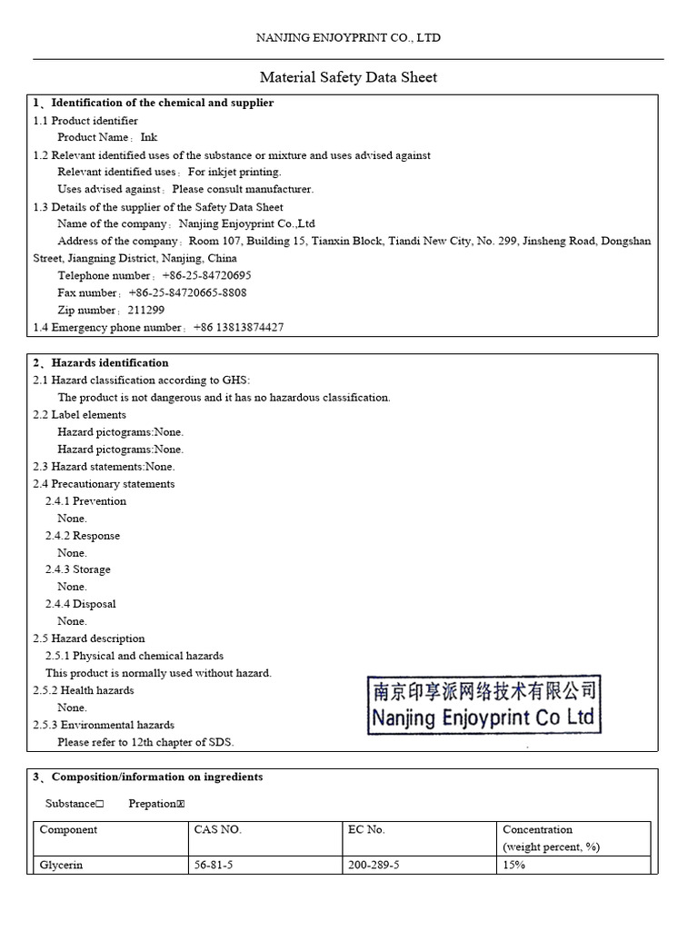 Nanjing Enjoyprint Ink Safety Data Sheet | PDF | Safety | Occupational ...