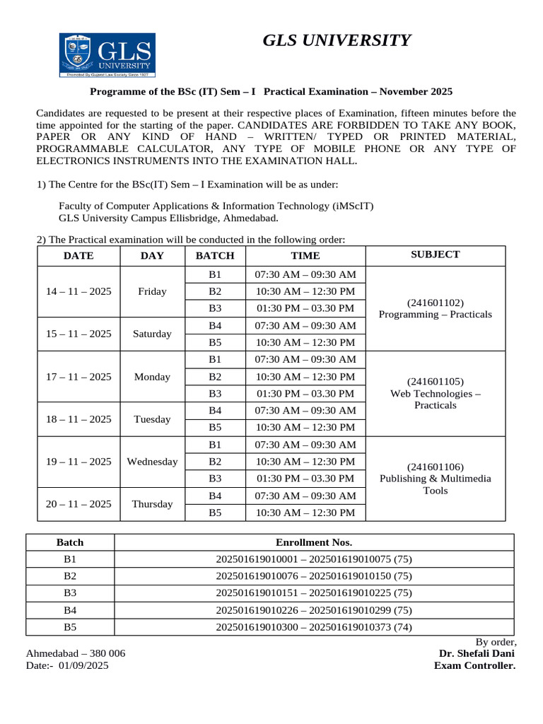 BScIT Sem - I Practical Schedule WINTER 2025 | PDF