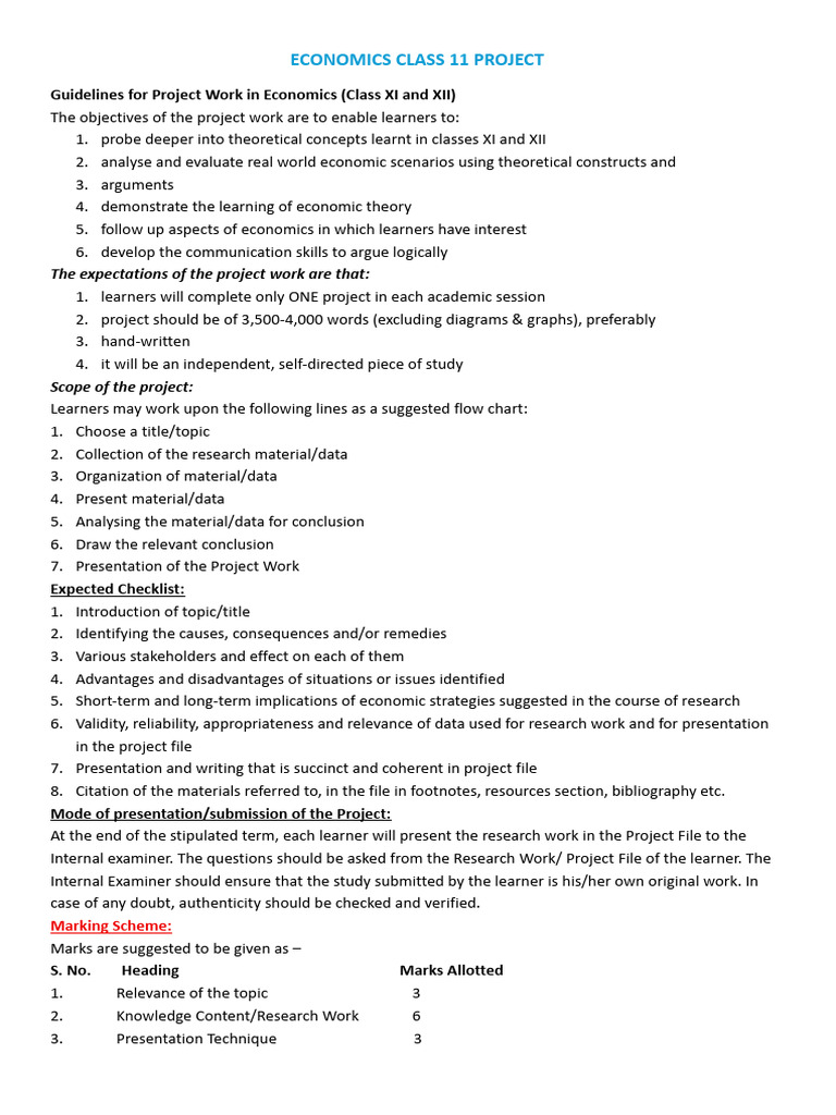 Economics Project Guidelines for Class XI | PDF | Economics