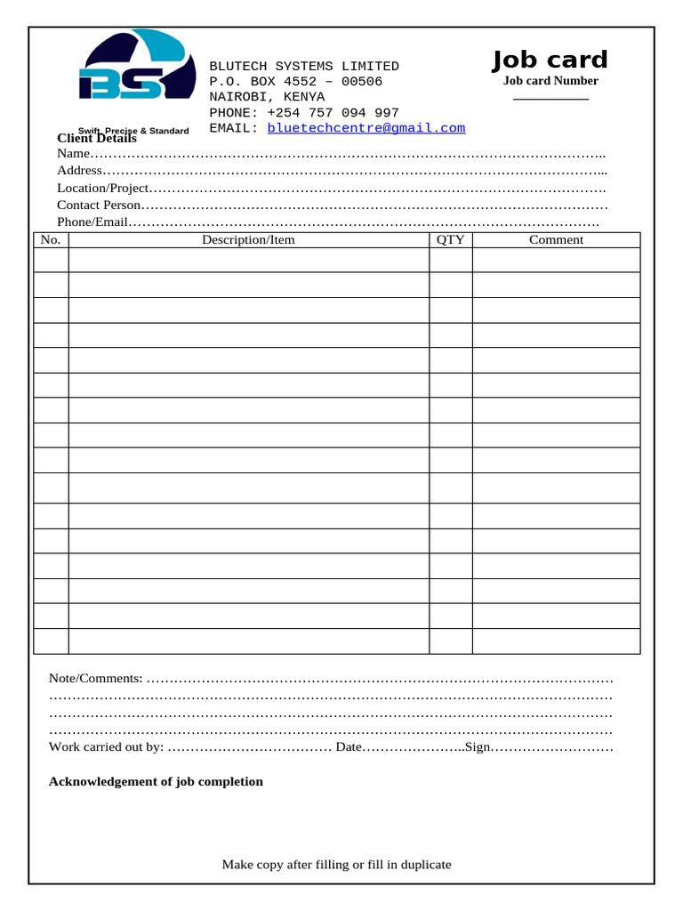Job Card Template for Client Projects | PDF