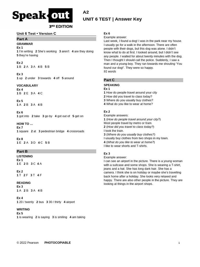 A2 Unit 6 Test Answer Key | PDF