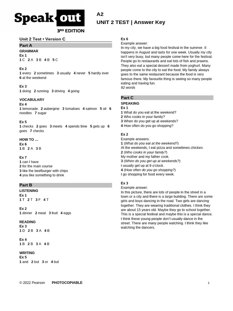 Unit 2 Test Answer Key Guide | PDF | Foods | Cuisine