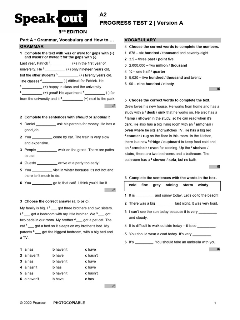 A2 Progress Test 2: Grammar & Vocabulary | PDF