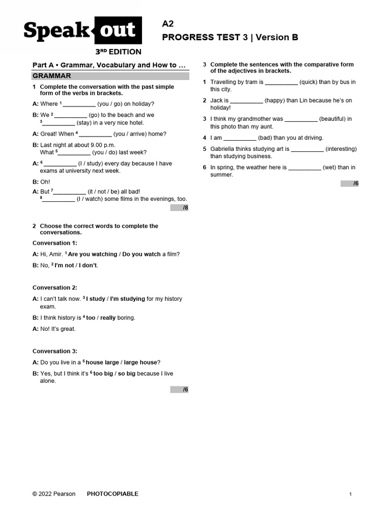 A2 Progress Test 3: Grammar & Vocabulary | PDF