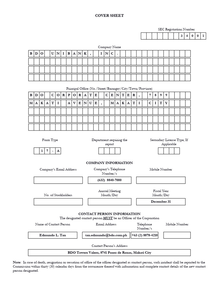 BDO Unibank SEC Form 17-A Annual Report | PDF | Private Sector | Business