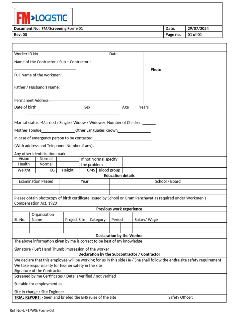 Worker Screening Form-FM | PDF