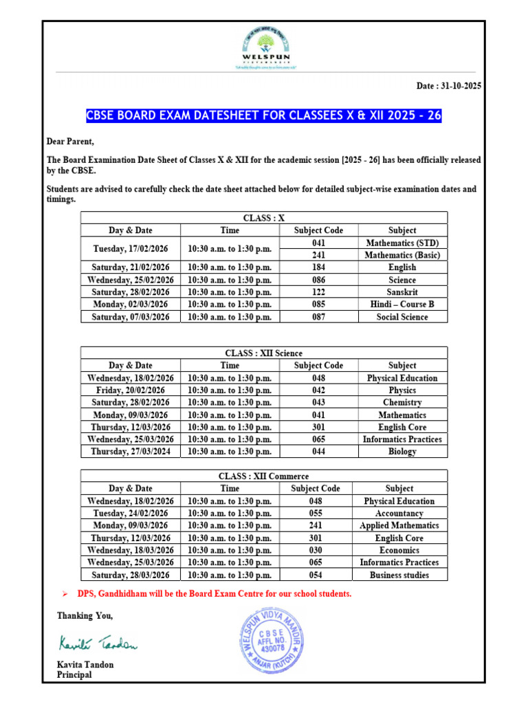 Board Exam Datesheet Classes X & XII 2025 - 26 | PDF | Tests ...