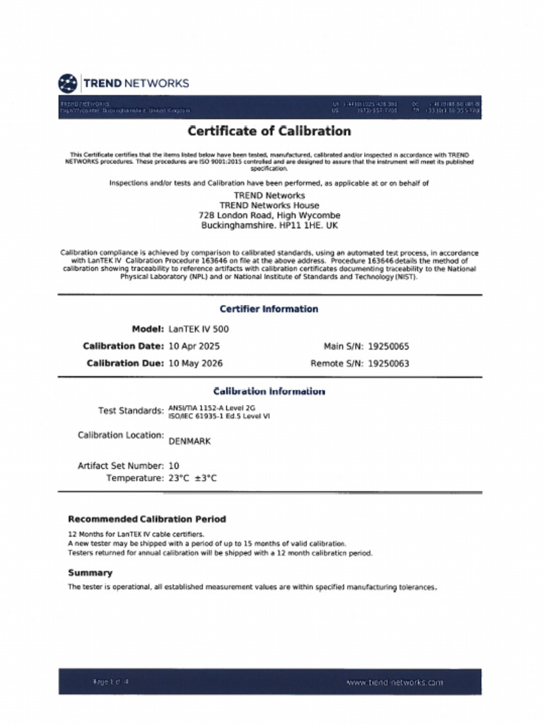 Calibration Document Network Tester | PDF