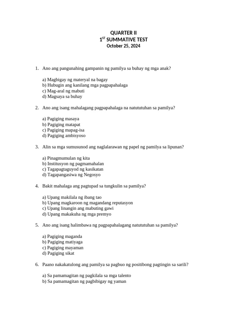 VE Q2 1st Summative Test (Week 1 - 3) | PDF