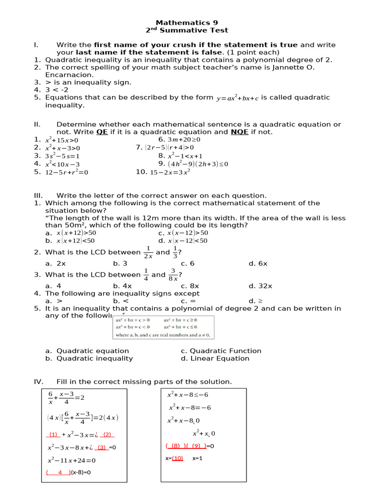 Quadratic Inequalities Test Guide | PDF | Mathematics | Algebra