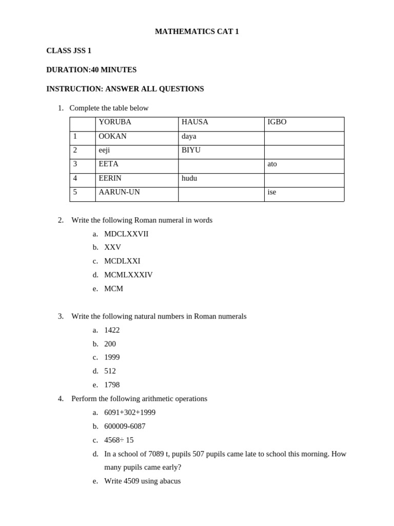 JSS 1 Mathematics CAT 1 Exam Guide | PDF