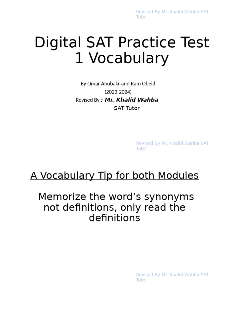 SAT Vocabulary Practice Test Guide | PDF | Adjective | Verb
