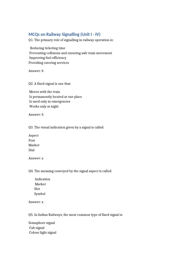 Railway Signalling MCQs: Units I-IV | PDF | Train | Rail Transport