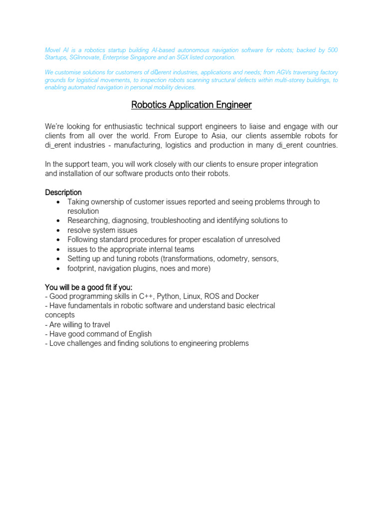 Robotics Application Engineer - Movel AI - JD | PDF