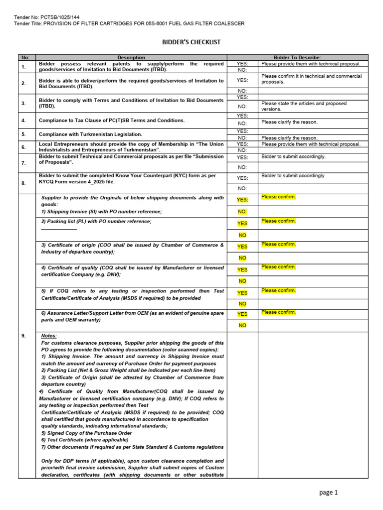 Filter Cartridges Tender Checklist | PDF | Invoice | Certification