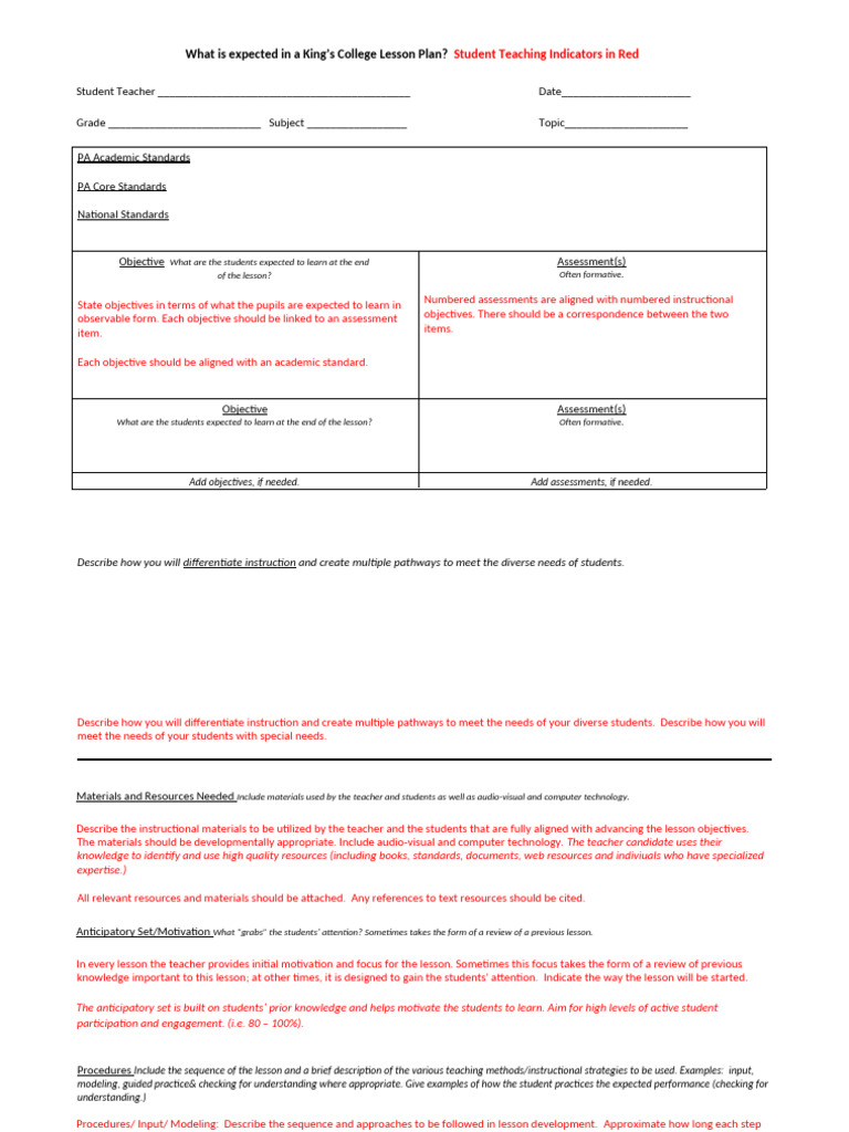 King's College Lesson Plan Guidelines | PDF | Teachers | Educational ...