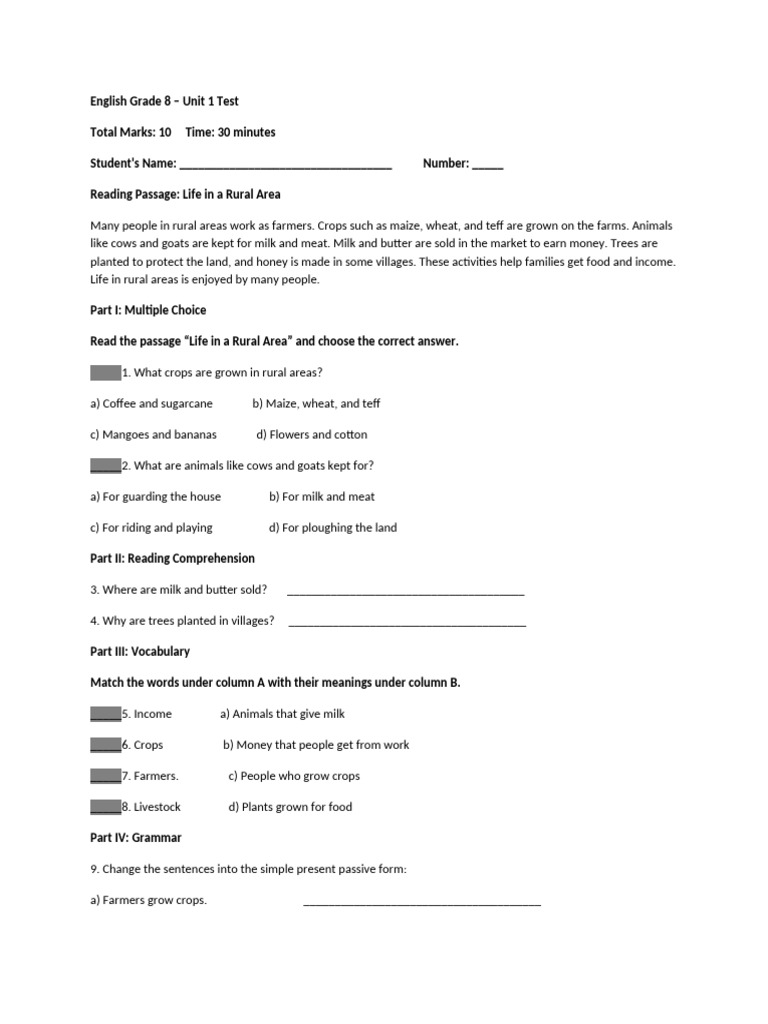 Grade 8 English Unit 1 Test on Rural Life | PDF