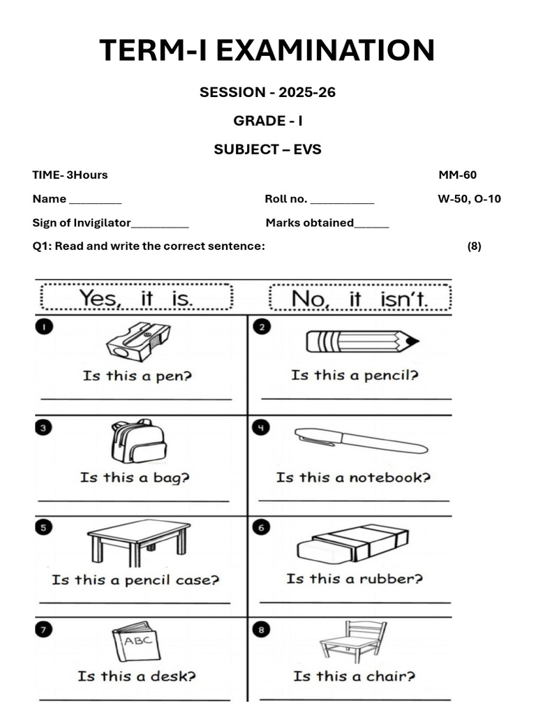 Grade 1 EVS Term-I Exam Paper 2025-26 | PDF