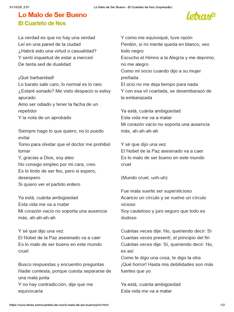 Lo Malo de Ser Bueno - El Cuarteto de Nos (Impressão) | PDF
