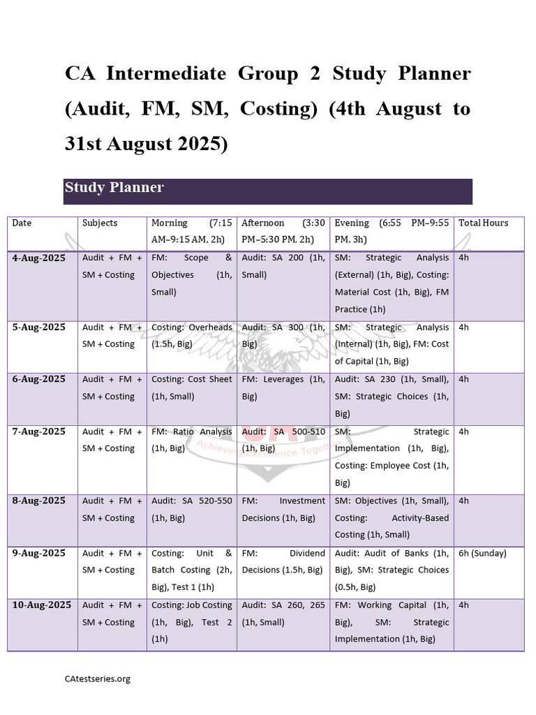 CA Intermediate Group 2 Study Planner 4 August | PDF | Investing | Audit