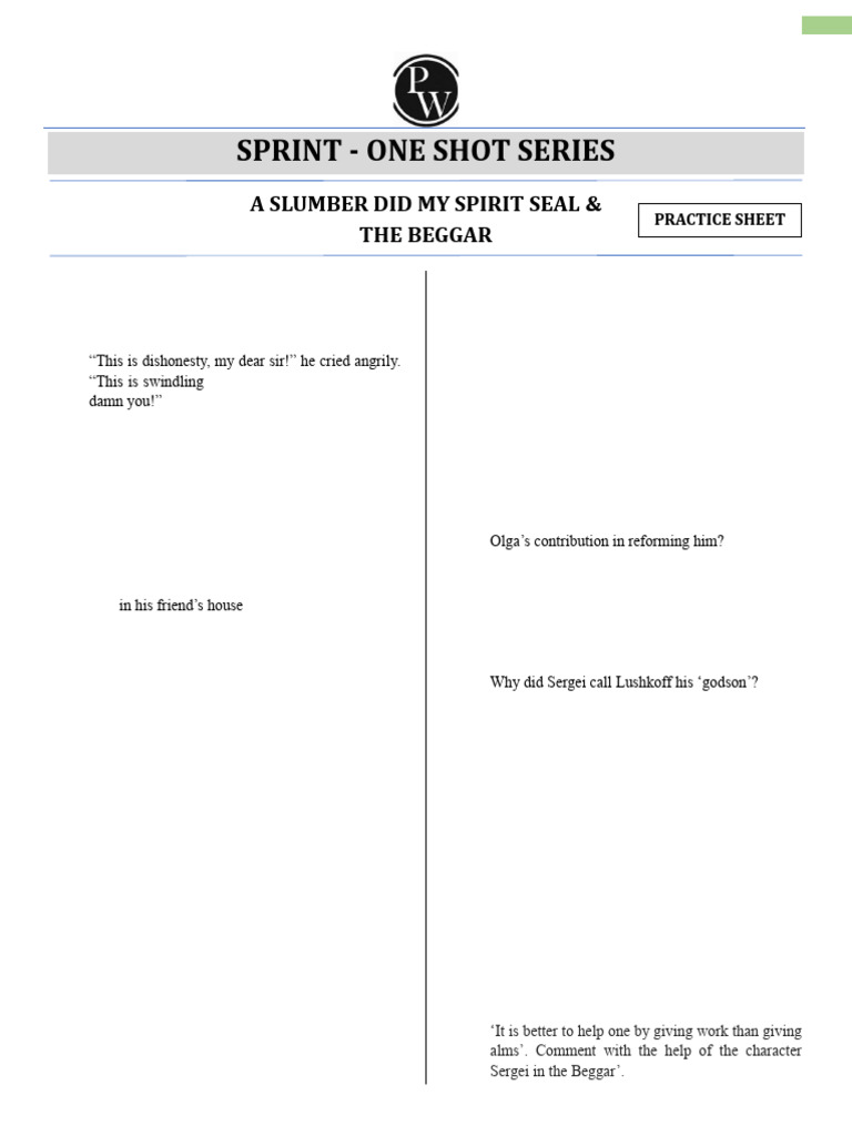 Practice Sheet - A Slumber Did My Spirit Seal-The Beggar - SPRINT-OnE ...