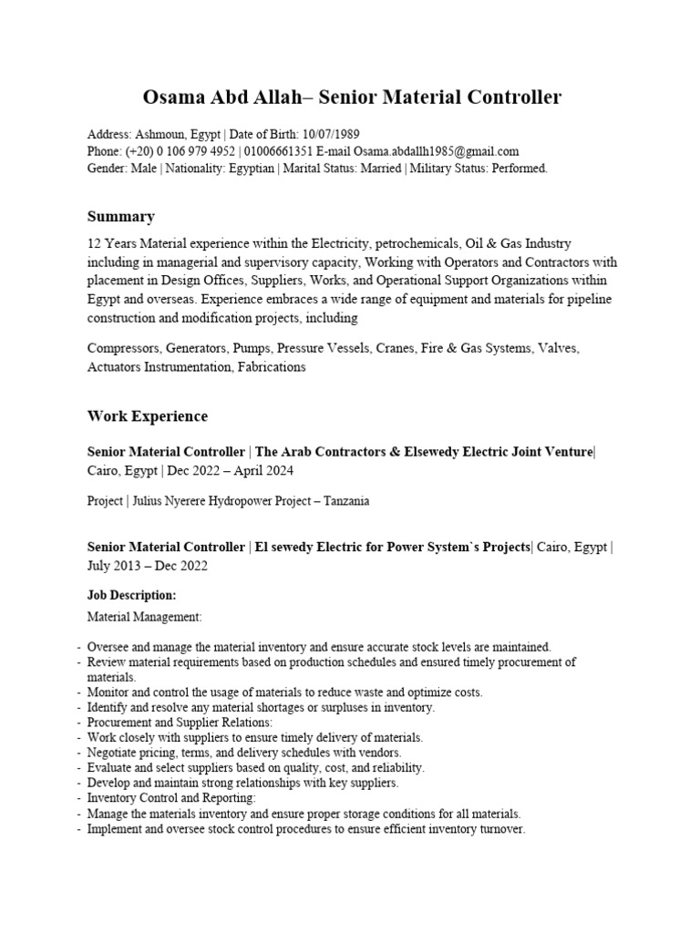 Senior Material Controller Profile | PDF | Team Building | Business