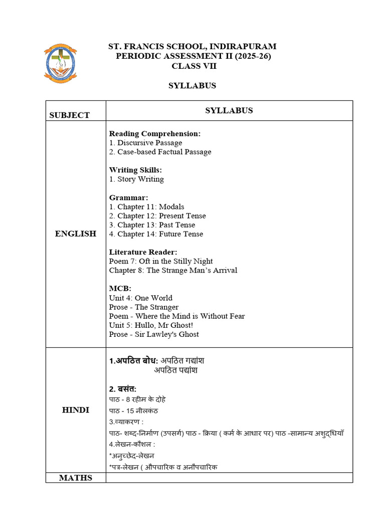 Class 7 PA II Syllabus 202526 | PDF | Linguistics | Linguistic Morphology