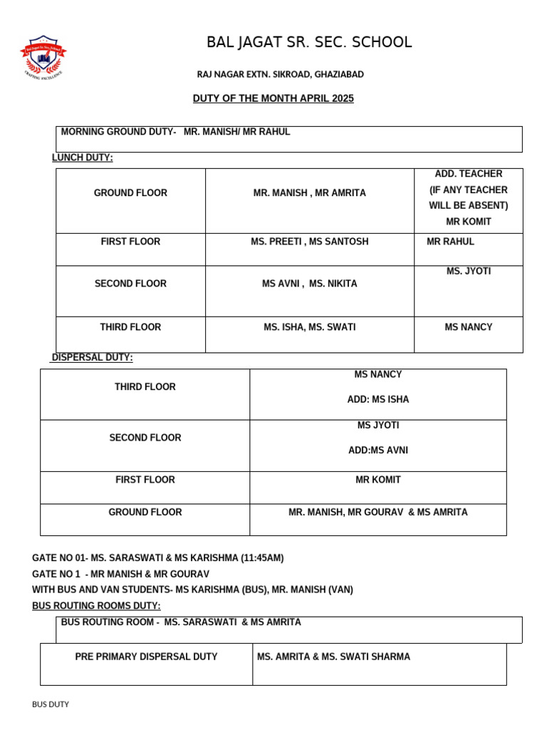 April 2025 Duty Roster for Bal Jagat School | PDF