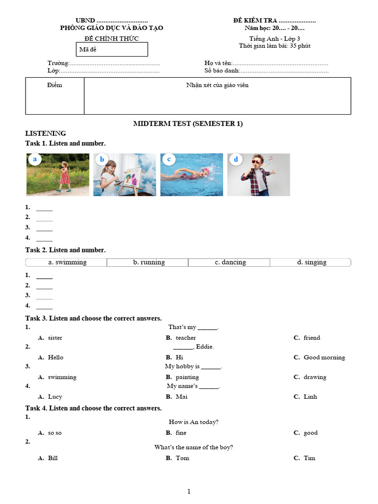 Hoclieu - MIDTERM TEST (SEMESTER 1) | PDF