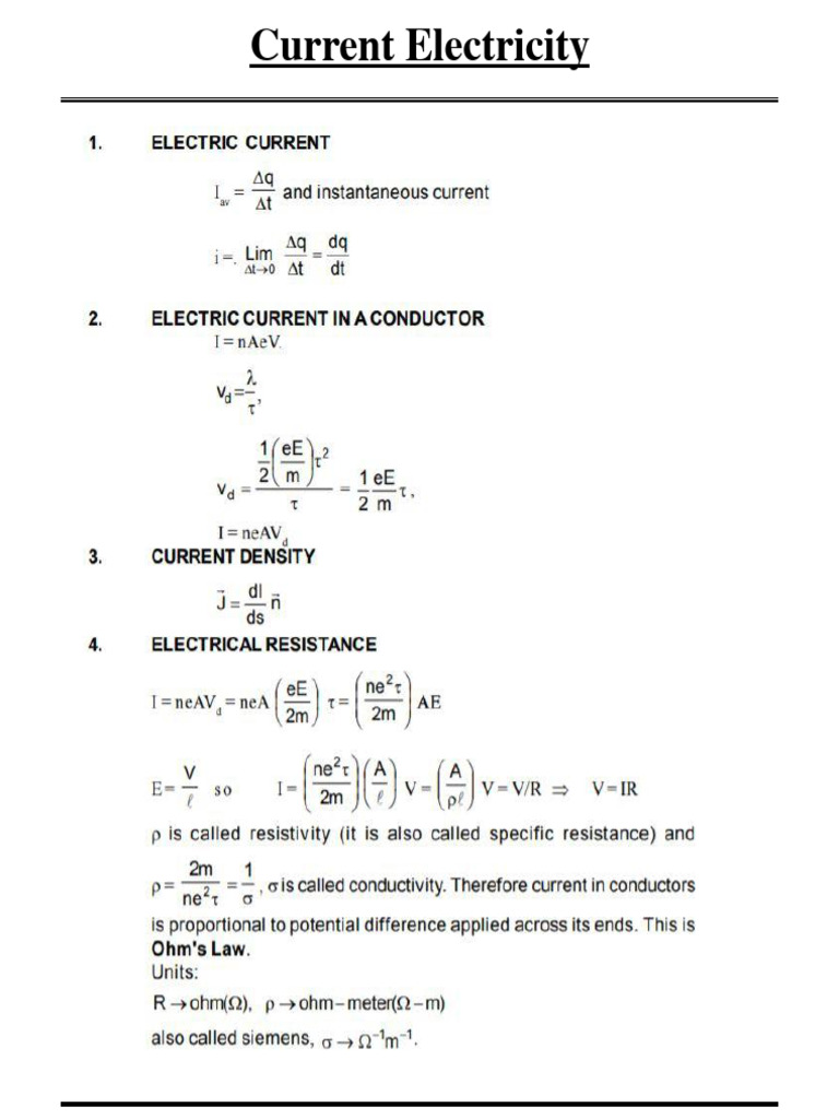 Current Electricity Imp Formulas | PDF