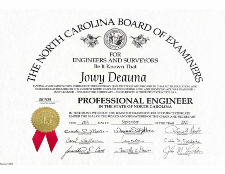 Professional Engineer Wall Certificate - State of North Carolina | PDF