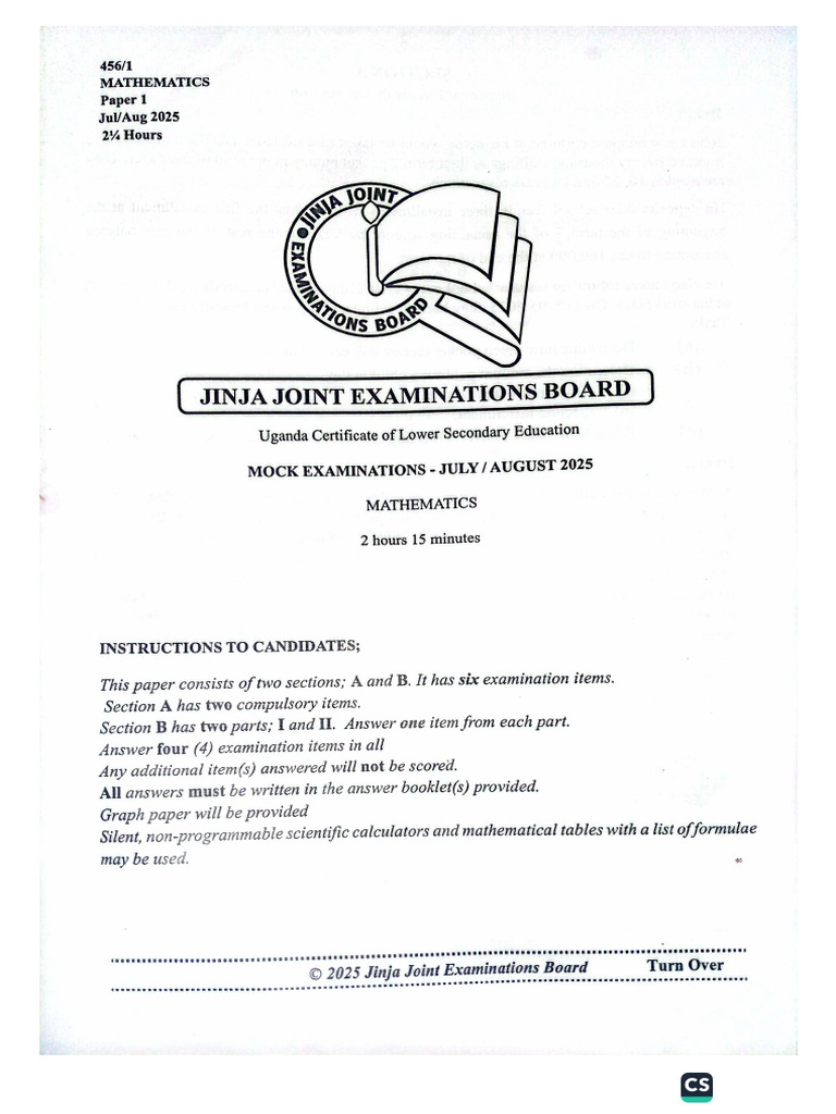 S. 4 Maths JJEB 2025 | PDF