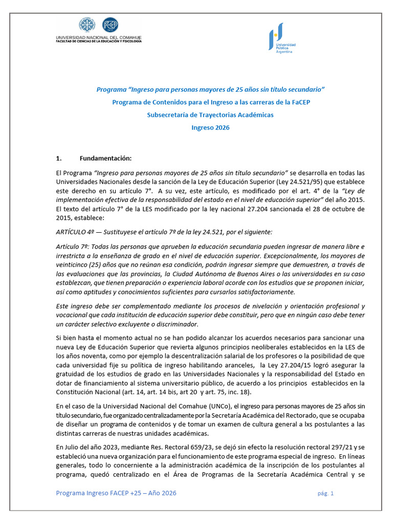 Ingreso FACEP +25: Programa 2026 | PDF | Maestros | Aprendizaje
