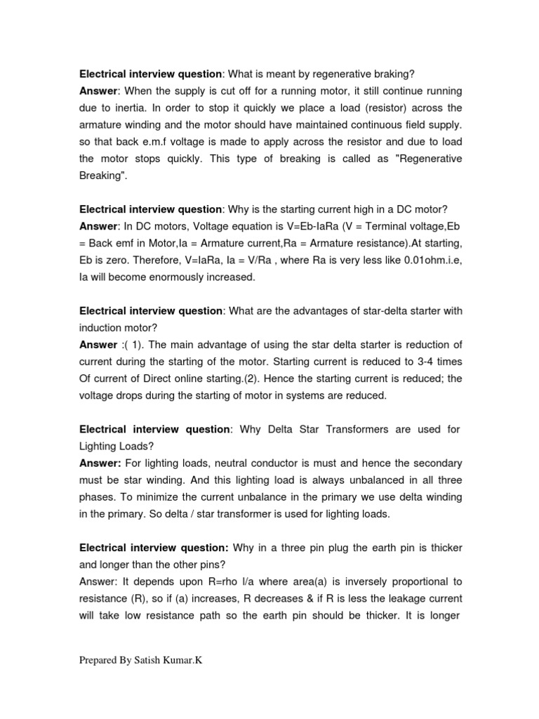 Key Electrical Interview Questions | PDF | Transformer | Alternating ...