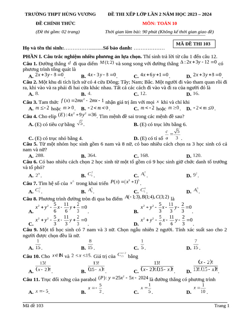 Ma - de - 103 Lần 2 Khối 10 | PDF