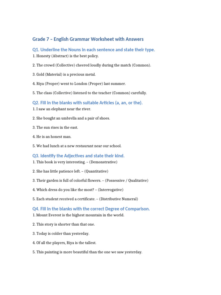 Grade 7 English Grammar Worksheet | PDF | English Grammar | Language ...