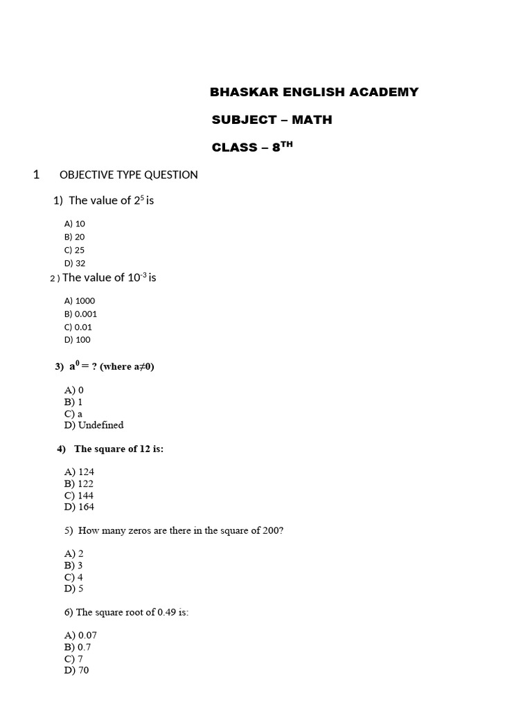 8th Grade Math Objective Questions | PDF | Numbers | Elementary Mathematics