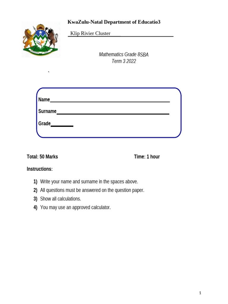 Grade 8 Mathematics Term 3 SBA | PDF | Triangle | Classical Geometry