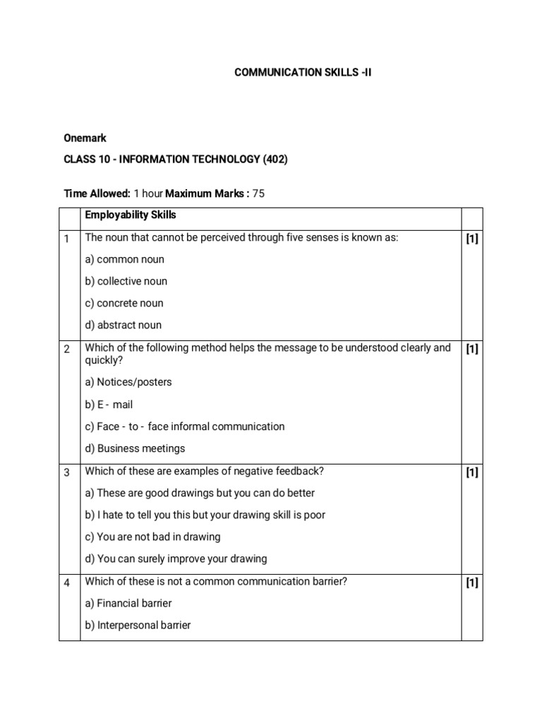 Class 10 Communication Skills Quiz | PDF | Communication | Subject ...