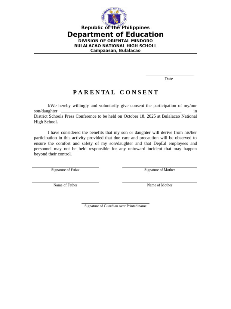 Parental Consent for School Event | PDF
