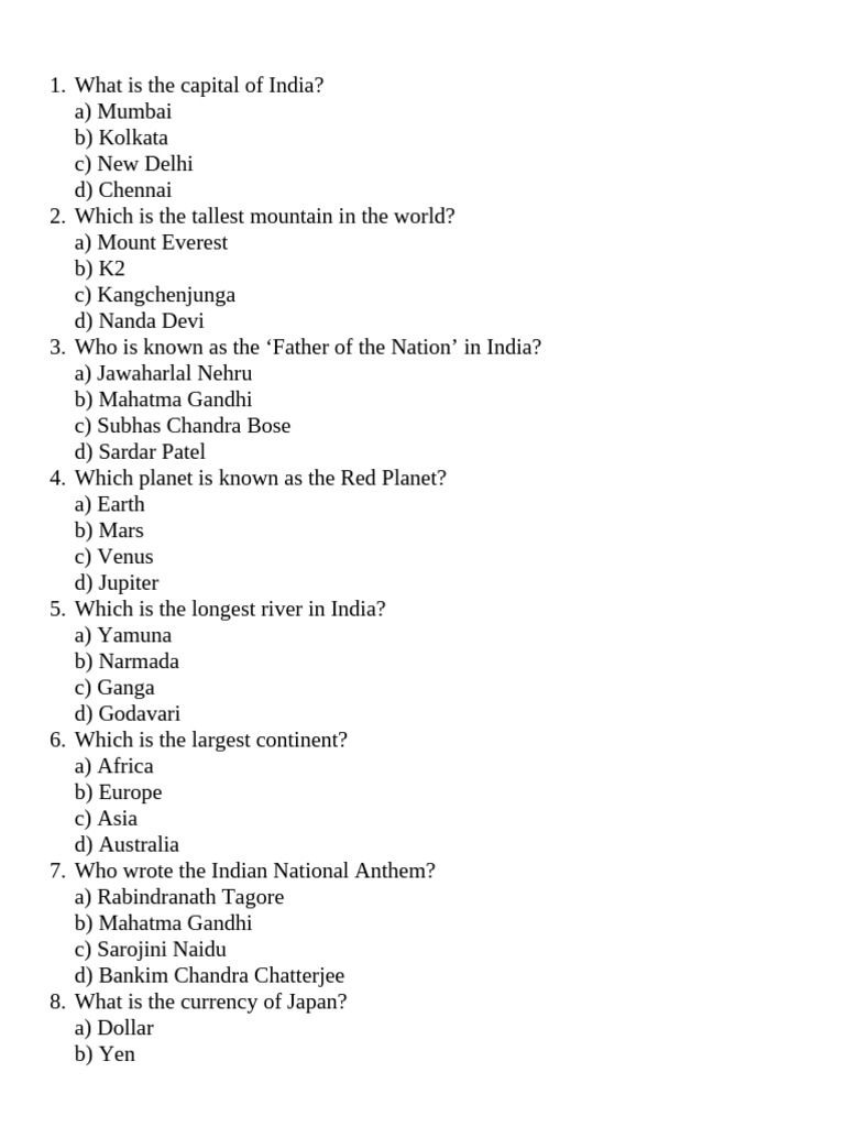 General Knowledge Quiz Questions | PDF | Jawaharlal Nehru