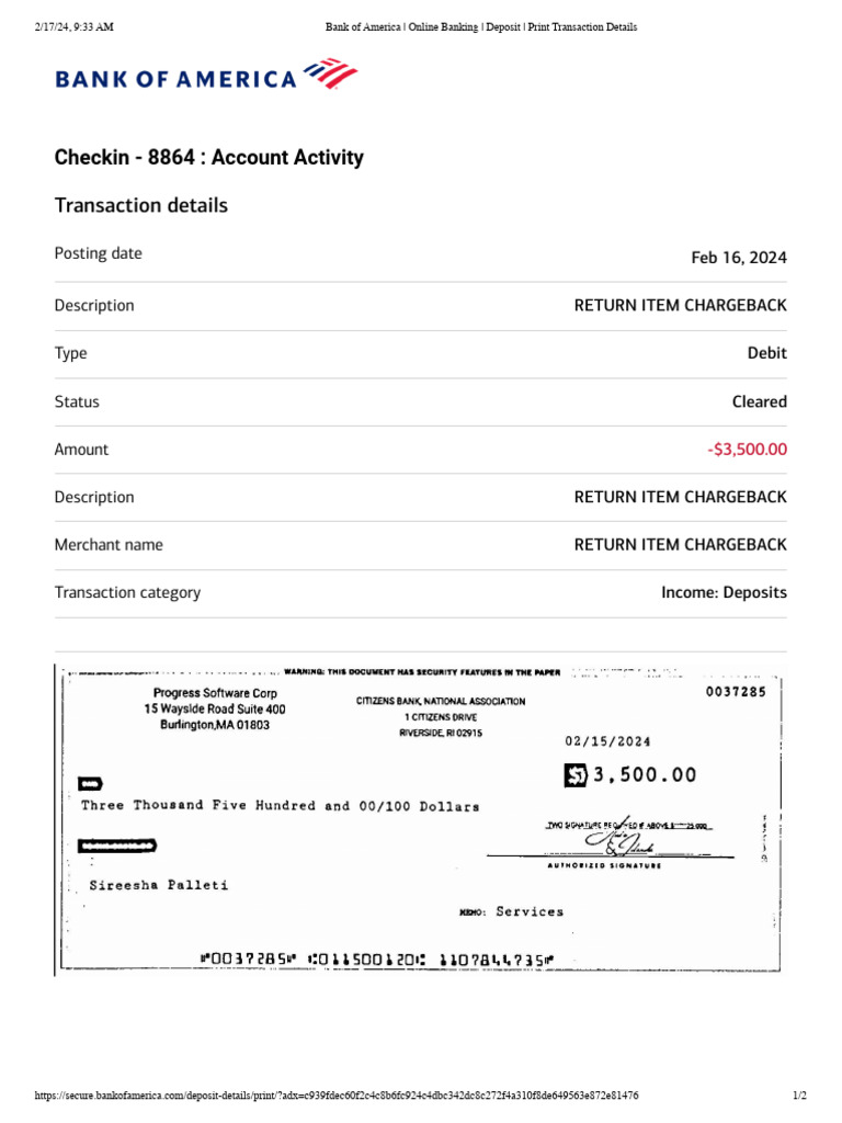 Bank of America - Online Banking - Print Transaction Details | PDF