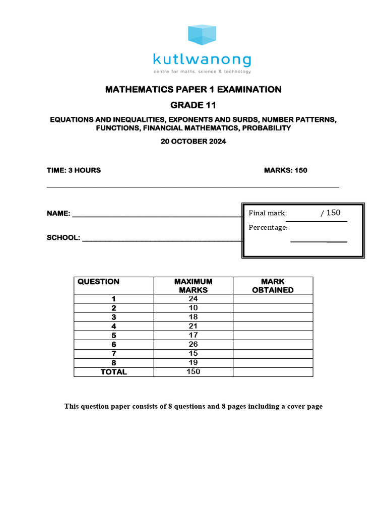 Grade 11 Mathematics Exam Paper | PDF | Interest | Asymptote