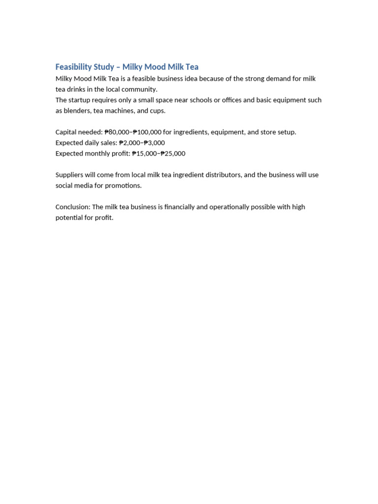 Feasibility Study for Milky Mood Milk Tea | PDF