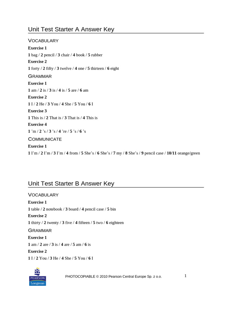 Unit Test Starter Key | PDF