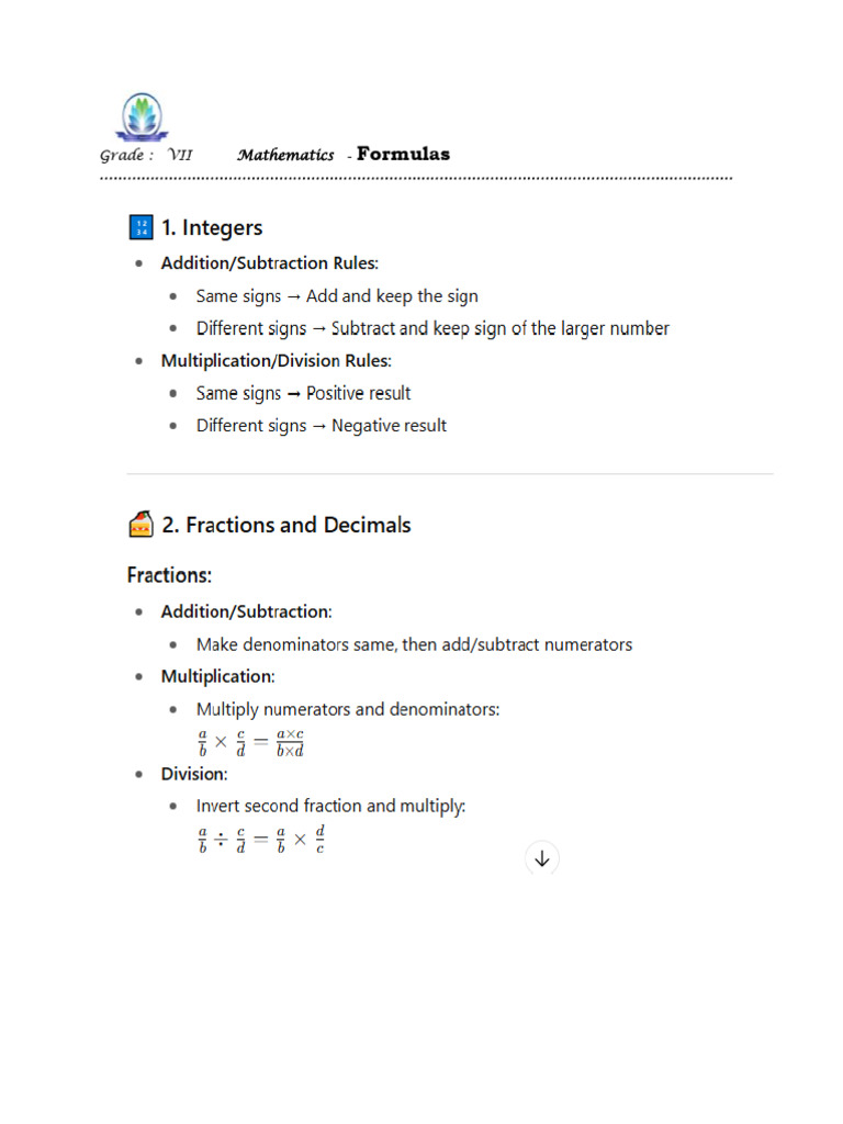Grade VII Math Formulas Guide | PDF