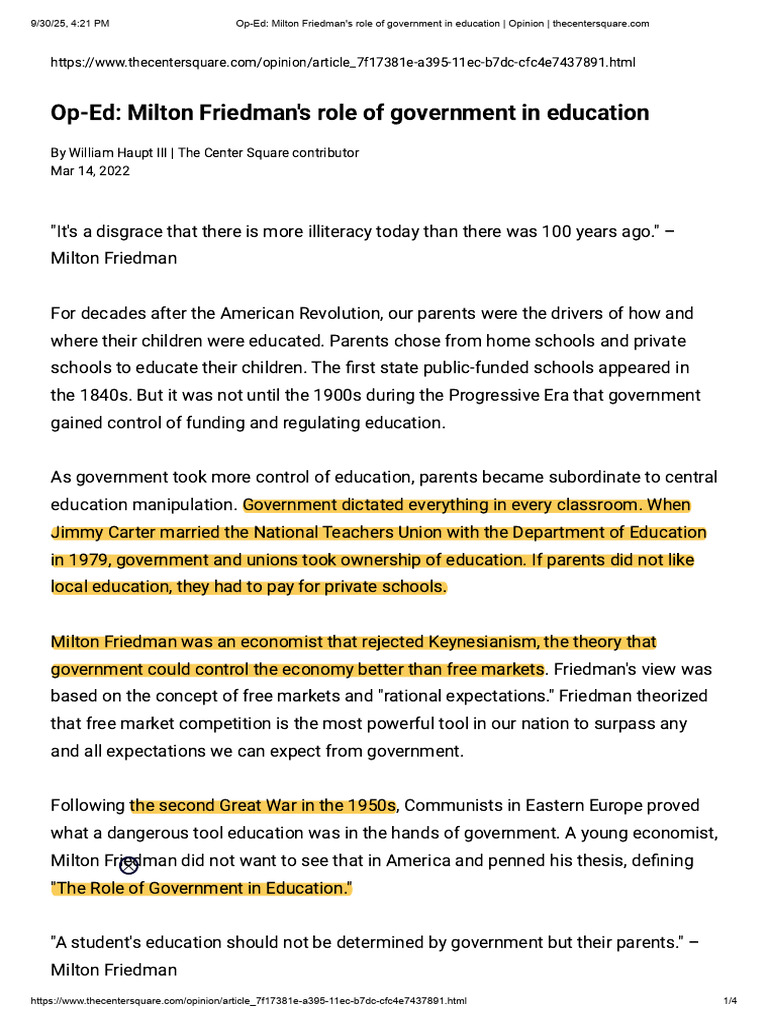 Friedman on Government's Role in Education | PDF | School Voucher ...