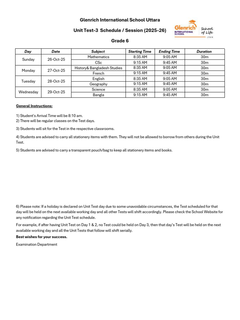 Grade 6 Unit Test Schedule 2025-26 | PDF